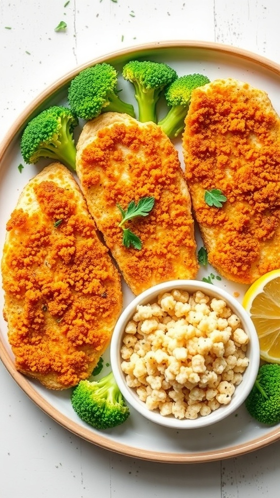 Crispy air-fried chicken strips with broccoli and quinoa on a plate, garnished with herbs.